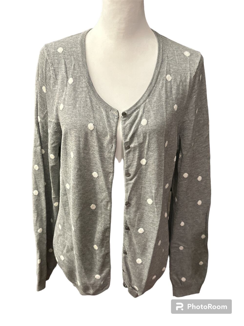 Talbots Cardigan Sweater Gray White Large